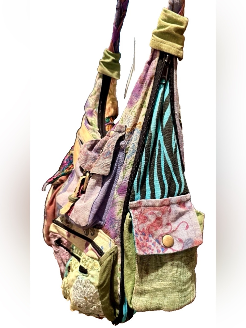 💙BLUE SKY💙 COTTON CANVAS LINEN TIE-DYE FLORAL EMBROIDERY 9 POCKET ZIP AROUND BAG - Picture 6 of 16